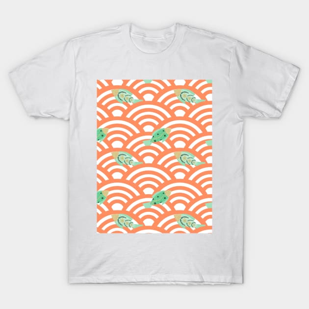 Green fishes in orange seigaiha waves T-Shirt by Home Cyn Home 